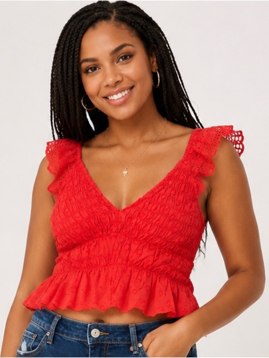 Urban Outfitters Tops - Urban Outfitters Red Ruffled Smocked V-Neck Crop Tank Size Medium